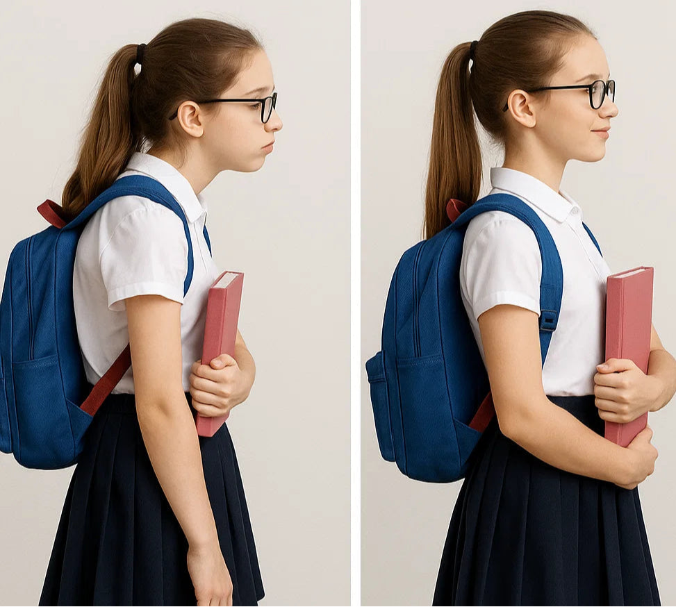 Before and after comparison of a girl with a backpack and books, showing proper posture improvement.